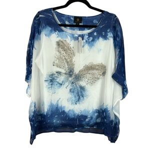 JM Collection Chiffon Butterfly Embellished Scoop Neck Blouse XL Petite Blue NWT